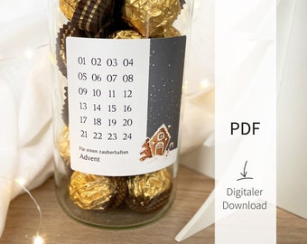 Descargar - Mini Calendario de Adviento - Calendario navideño DIY para rellenar | Casa de pan de jengibre de acuarela | Archivo digital | Pegatinas imprimibles