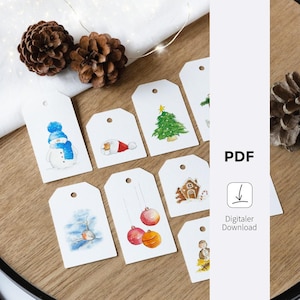 Downloaden - Kerstcadeaulabels | handgeschilderde aquarelmotieven | Kerstlabels | Afdruksjabloon | Digitaal bestand