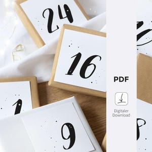 Downloaden - Adventskalenderkaarten - 24 cijfers | Zwart-wit | DIY kerstkalender | Digitaal bestand