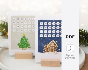 Descarga tarjetas de calendario de Adviento con listas de verificación - motivos navideños en acuarela | Pequeño calendario de Adviento DIY | Cuenta regresiva para Navidad