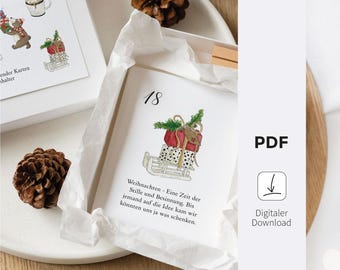 Downloaden - Grappige Adventskalenderkaarten | 24 sjablonen met kerstspreuken | Kerstkalenders om af te drukken | Digitaal bestand