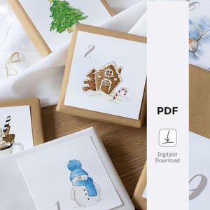 Downloaden - Adventskalenderkaarten - 24 cijfers | Wintermotieven in aquarel | DIY kerstkalender | Digitaal bestand