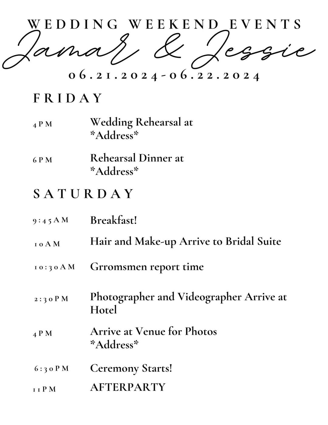 Wedding Weekend Timeline TEMPLATE Etsy Wedding Weekend Timeline TEMPLATE Etsy