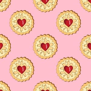 May include: A repeating pattern of heart-shaped cookies on a pink background. Each cookie has a red heart center, surrounded by a light yellow filling and a scalloped, tan-colored edge. The design is simple and cheerful.