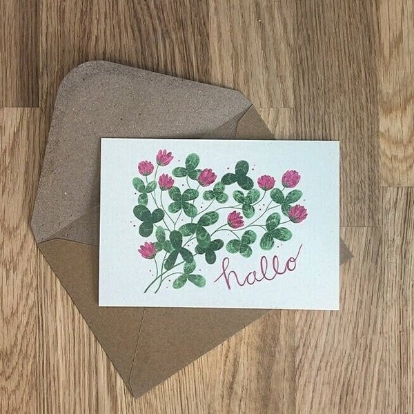 Carte pliante avec enveloppe Hello DIN A6 | Illustrations et lettrages | Trèfle porte-bonheur | plante | fleur | Papier en bois de bouleau