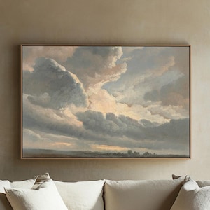 Cloudscape Canvas Art, Neutral Large Painting, Framed Cloud Wall Art, Office Art Print, Sky Art, Countryside Painting, Landscape Art #V3
