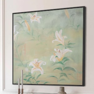 White Lilies Canvas Art Print, Floral Green Wall Art, Elegant Lily Botanical Painting Print, Floral Calm Art, Square Framed Canvas Art #304