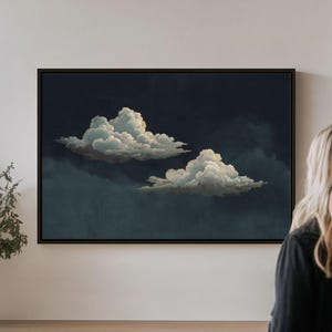 Two Clouds Moody Canvas Art, Framed Canvas Wall Art Print, Navy Blue Cloud Art, Living Room Decor, Statement Art, Landscape Sky Art #291