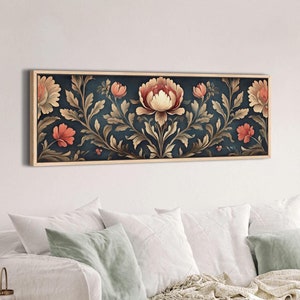 Traditional Floral Tapestry Wall Art, Framed Floral Art Print, Moody Canvas Art, Vintage Textile Home Decor, Antique Botanical Boho Art #207