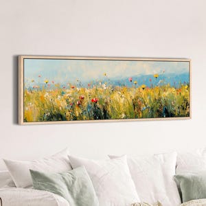 Arte mural grande de flores silvestres, impresión de paisaje grande, arte floral ancho, arte horizontal, lienzo enmarcado grande, decoración panorámica sobre la cama ART126