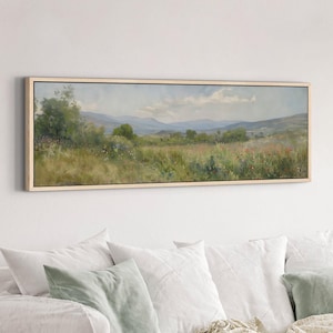 Landscape Meadow Art Print, Large Landscape Wall Art, Nature Wildflower Wall Art, Framed Panoramic Living Room Decor, Ready to Hang ART113