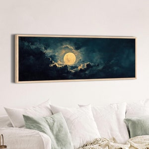 Moon at Night Wide Art Print | Mid Century Moody Cloud Wall Art | Minimalist Navy Above the Bed Art | Framed Panoramic Wall Art ART168