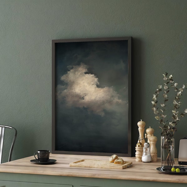 Vintage Moody Cloud Painting, Stormy Cloud Large Framed Canvas Print, Minimalist Art Print, Home Decor, Living Room Decor ART60