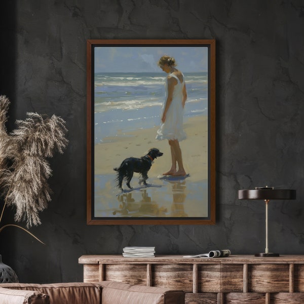 Woman and her Dog on Beach Painting, Moody Beach Art Print, Coastal Art, Living Room Decor, Large Framed Canvas Art Print, ART71