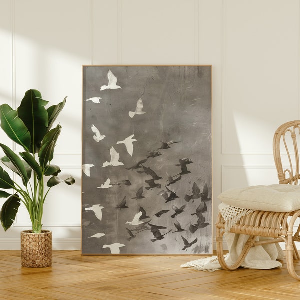 A Flock of Birds Painting, Large Framed Canvas Print, Moody Japanese Art, Living Room Decor, Original Art Print, ART45