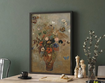 Flower in a Vase Painting, Large Framed Canvas Print, Moody Floral Art, Living Room Decor, Moody Art Print, Vintage Floral Painting, ART43