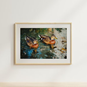 Mallard Ducks Art Print, Countryside Pond Duck Wall Art, Moody Art Living Room Decor, Lake Art, Canvas Art Print, Oil Painting ART128