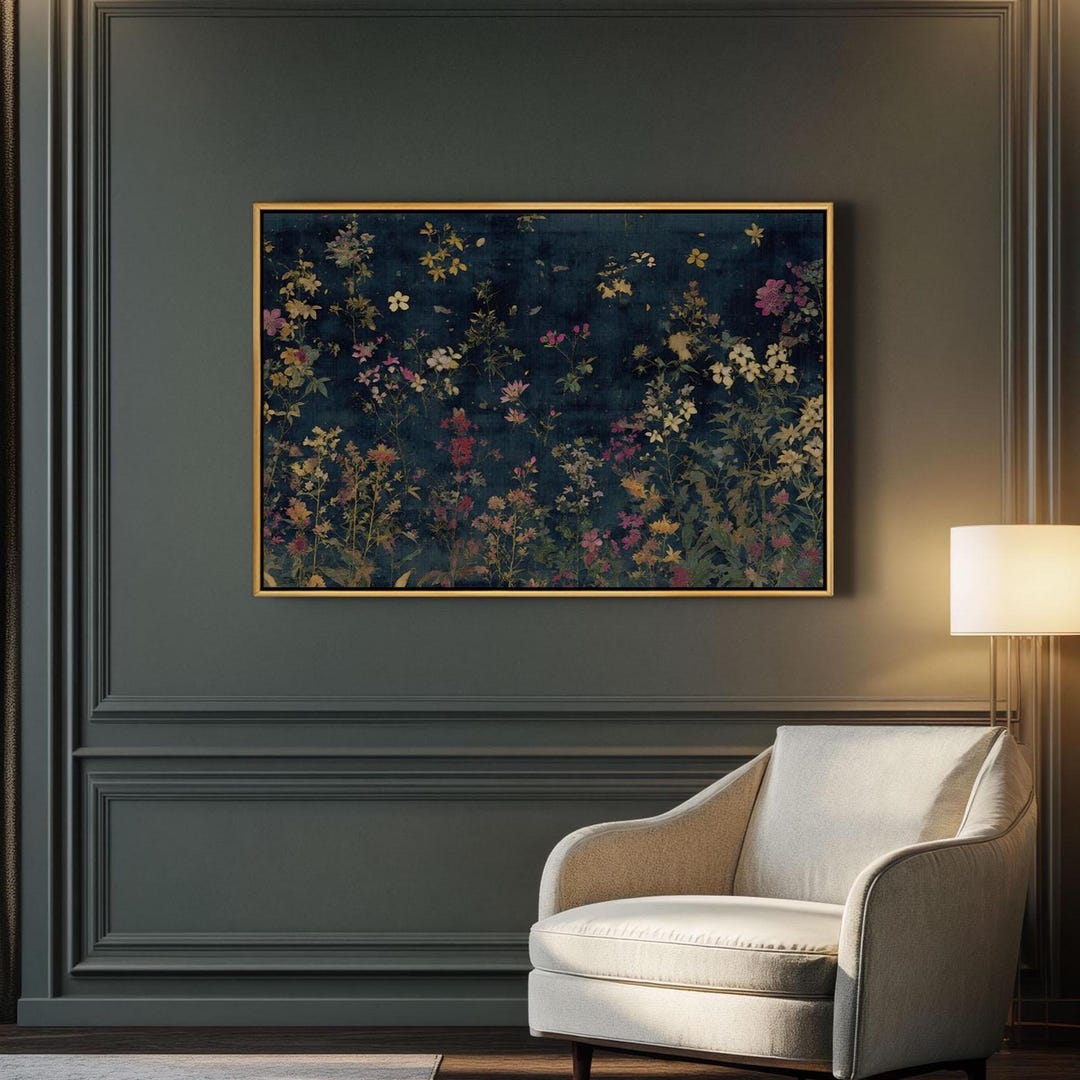 Moody Floral Wall Art Print, Dark Blue Antique Flowers Wall Decor ...