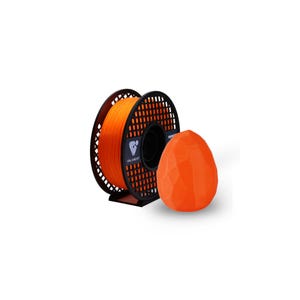 Könnte beinhalten: Eine Spule mit leuchtend orangefarbenem 3D-Drucker-Filament mit schwarzem Kunststoffkern und ein facettiertes, eiförmiges Objekt in derselben leuchtenden Farbe, das davor platziert ist. Die Spule hat ein gitterartiges Design und ein Etikett mit Text.