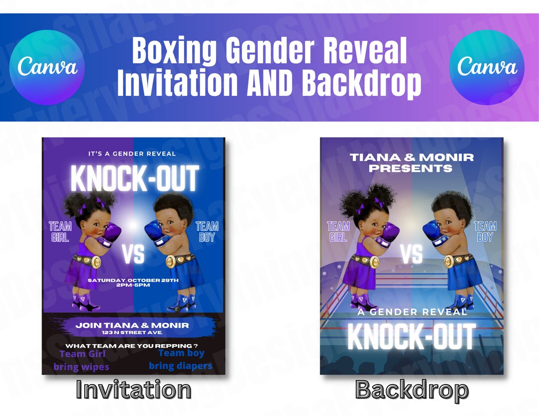 Boxing Theme Gender Reveal Invitation and Backdrop Canva Template Etsy