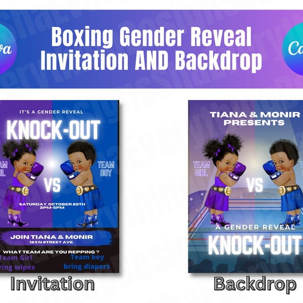 Boxing Theme Gender Reveal Invitation and Backdrop Canva Template