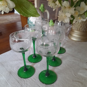 6 Antique Wine Glasses with Grape Cluster Patterns, Antique Colored Glass Collection, Vintage Glasses, France