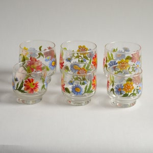 Set of 6 Vintage Water Glasses with Floral Patterns, Old Colorful Glasses Collection, Vintage Flowered Water Glasses, France