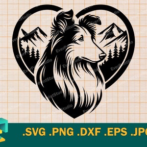 Könnte beinhalten: Schwarze und weiße Silhouette eines Collie-Hunde-Kopfes in einem Herz mit Bergen und Bäumen im Hintergrund.