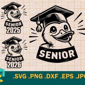Eend afstudeerpet SVG | Schattige eend senior 2025 SVG | Student Duck Graduate 2025, 2026 Baby senior Cricut Cut-bestand in .svg, .png, .dxf, .eps