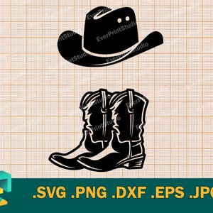 Cowboy-Stiefel und Hut SVG - Cricut, Silhouette | Vektor-Cowgirl-Stiefel SVG-Schnittdatei |  Cowboy Hut Clip Art Logo zum Ausdrucken, svg, png, eps, dxf