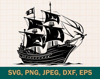 Barco Pirata SVG | Arquivos de corte de navio pirata | Silhueta de navio fantasma | Navio com Ossos Cruzados Svg| Clipart de barco pirata png, svg, dxf