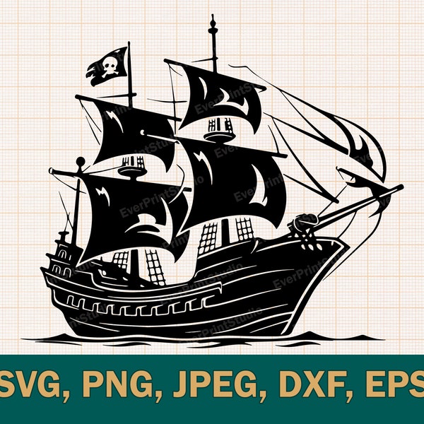 Pirate Boat SVG | Pirate Ship Cut Files | Ghost Ship Silhouette | Ship with Crossbones Svg| Pirate Boat Clipart png, svg, dxf