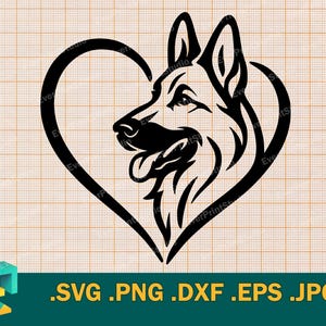 Op de afbeelding: Zwart silhouet van een Duitse herdershondenkop in een hartvorm. De hond kijkt naar links, met een licht uitgestoken tong. De afbeelding staat op een rasterachtergrond, met de bestandstypen .SVG .PNG .DXF .EPS .JPG onderaan.
