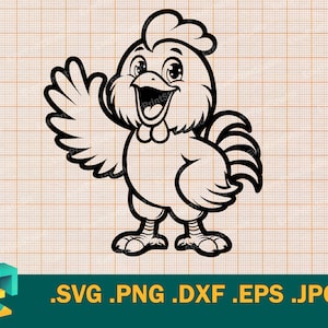 May include: A black and white line art illustration of a cartoon rooster with its wing raised in a welcoming gesture. The rooster has a large comb and wattle, and its eyes are wide open.