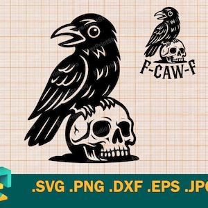 May include: Black raven illustration perched on a skull. The raven has its beak open, and the skull has detailed features. A smaller raven sits atop another skull with the text "F-CAW-F".