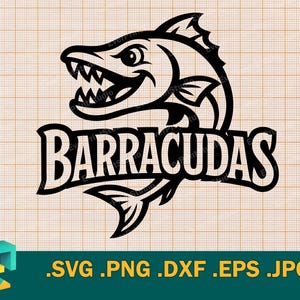 May include: Black graphic of a barracuda fish with sharp teeth and the word "BARRACUDAS" in bold letters. The image is on a grid background with file type options: .SVG .PNG .DXF .EPS .JPG.