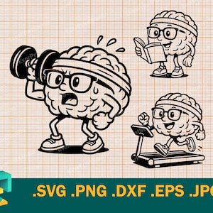 May include: Three black and white cartoon illustrations of a brain with a headband. The first brain is lifting weights, the second brain is reading a book, and the third brain is running on a treadmill.