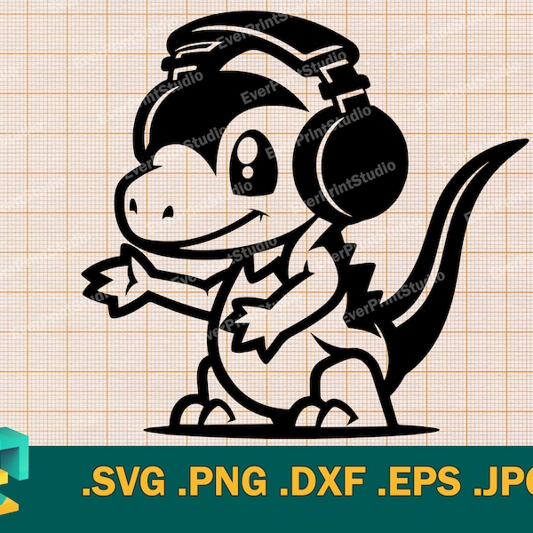 Dinosaur with Headphones SVG - Cricut, Silhouette | Vector Cute Dinosaur Music Headphones, Cute Dino DJ Cut File Download svg, png, eps, dxf