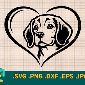 May include: Black and white graphic of a dog's head inside a heart shape. The dog has detailed facial features, including eyes, nose, and ears. The image includes file format options: .SVG .PNG .DXF .EPS .JPG.