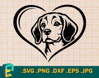 Beagle SVG - Cricut, Silhuett | Bedårande Beagle Hund Hjärta Vektor Klippfil, Söt Beagle Valp SVG Ladda ner svg, png, eps, dxf Filer