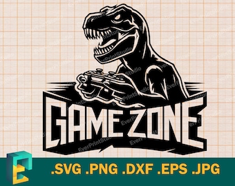 T-Rex Gamer SVG - Cricut & Silhouette | Vector Dino Gamer Playing Video Games svg | Gaming Zone svg cut file - Gift for Gamer svg, png, eps