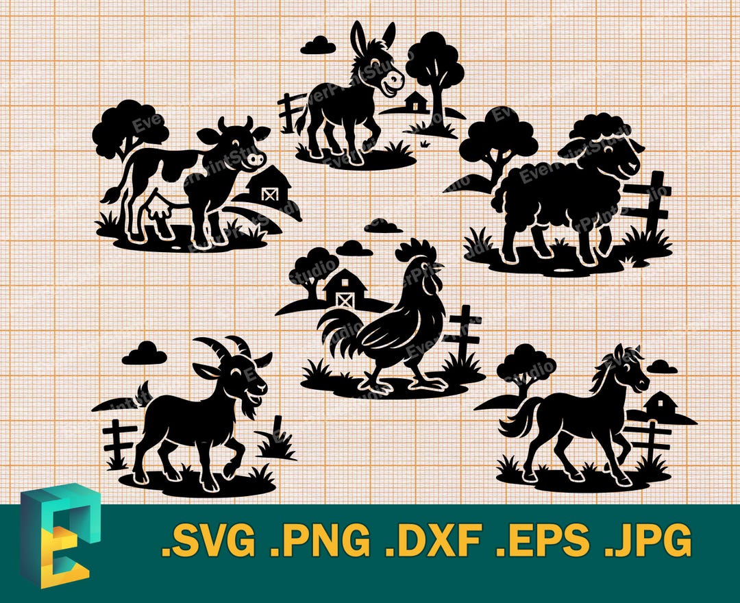 Farm Animals SVG - Cricut & Silhouette | Farm Cow, Donkey, Goat, Ram ...