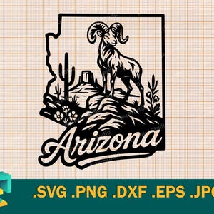 May include: Black and white Arizona state outline with a ram, cactus, and mountain scene. The word "Arizona" is written in a cursive font below the image. The image is a digital design.