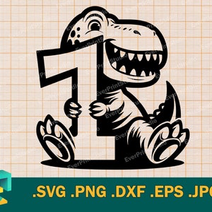 1 Geburtstag SVG - süßes Design für Cricut und Silhouette | Vektor Dino 1. Geburtstag lustige Schnittdatei | T-Rex One Plotterdatei svg, png, eps