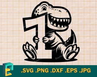 May include: A black and white illustration of a dinosaur holding a number one. The dinosaur is smiling and has a large, toothy grin. The number one is large and bold.