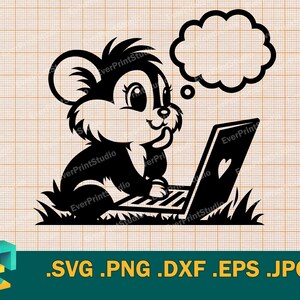 May include: A black and white graphic of a cartoon mouse using a laptop, with a heart on the screen, and a thought bubble above its head. The image includes the text: .SVG .PNG .DXF .EPS .JPG.