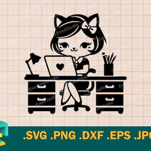 May include: Black and white illustration of a cat wearing a bow and sitting at a desk with a laptop, a lamp, and a pencil holder. The desk has two drawers.