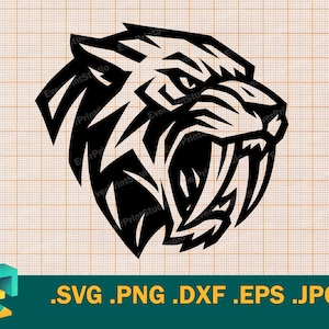 サーベルタイガー SVG - Cricut、シルエット | ベクターサーベルタイガー SVG カットファイル | スミロドンの虎の頭 svg、png、eps、dxf をダウンロード