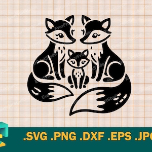 Famille renard SVG - Cricut, Silhouette | Vector famille de renards drôles heureux couper fichier SVG. Papa renard, maman renarde fichier de découpe svg, png, eps, dxf