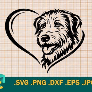 Könnte beinhalten: Schwarz-weiße Grafik eines Hundes in Herzform. Der Hund hat ein flauschiges Fell, eine sichtbare Nase und eine herausgestreckte Zunge. Das Bild hat einen karierten Hintergrund.